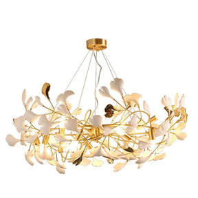 Gingko Porcelain Petal Brass Chandelier, Branch Round Lamp