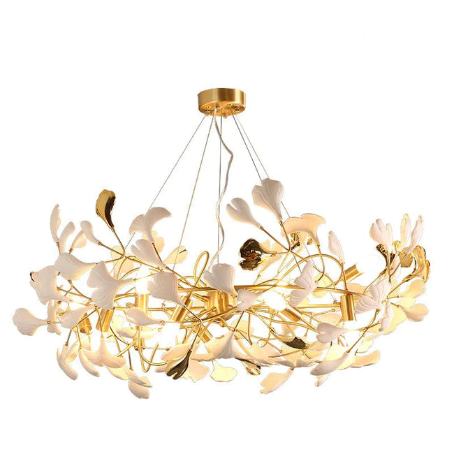 Gingko Porcelain Petal Brass Chandelier, Branch Round Lamp