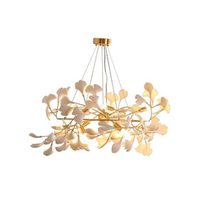 Gingko Porcelain Petal Brass Chandelier, Branch Round Lamp