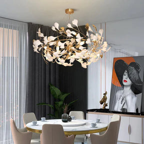 Gingko Porcelain Petal Brass Chandelier, Branch Round Lamp