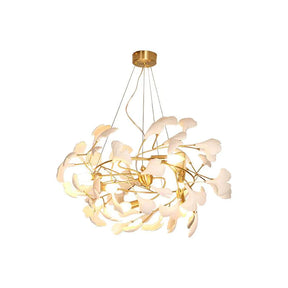 Gingko Porcelain Petal Brass Chandelier, Branch Round Lamp