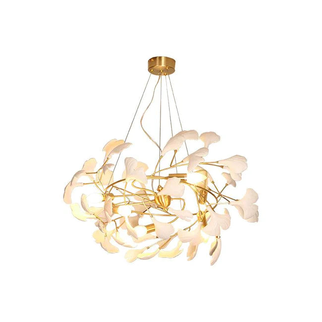 Gingko Porcelain Petal Brass Chandelier, Branch Round Lamp