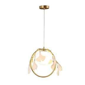 Gingko Porcelain Petal Brass Chandelier, Branch Round Lamp